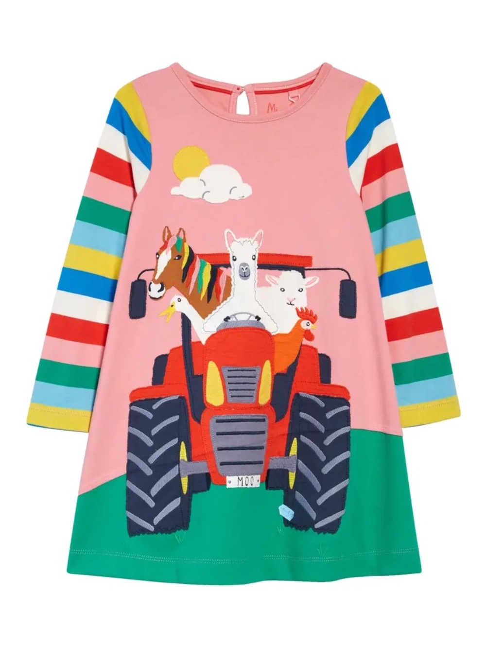 Mini Boden Girls Size 5-6 Farm Tractor Appliqué Dress Rainbow Long Sleeve